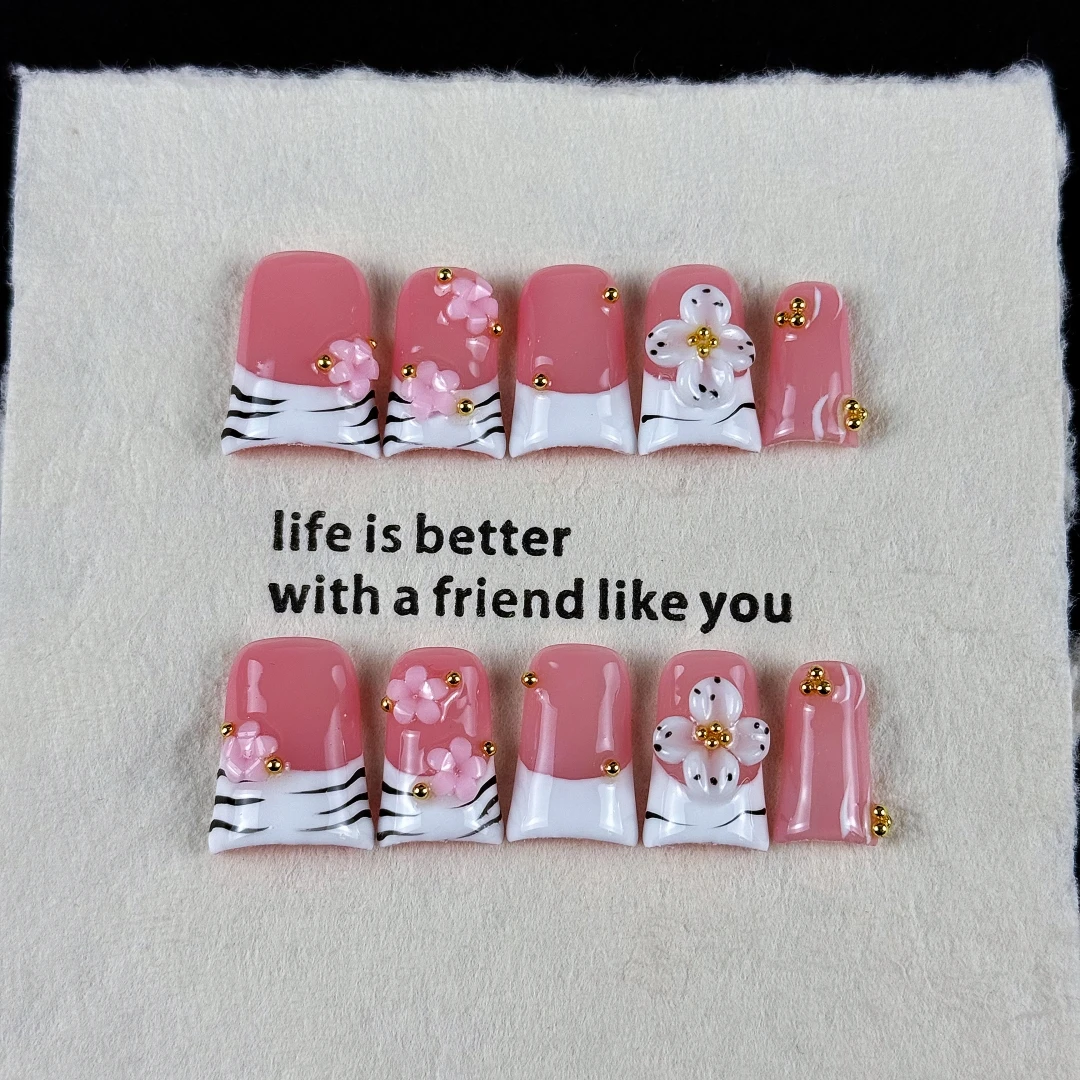 10pcs High-end Gentle lady style, hand-painted zebra pattern, three-dimensional embossed design, tiny glittering gold beads hand