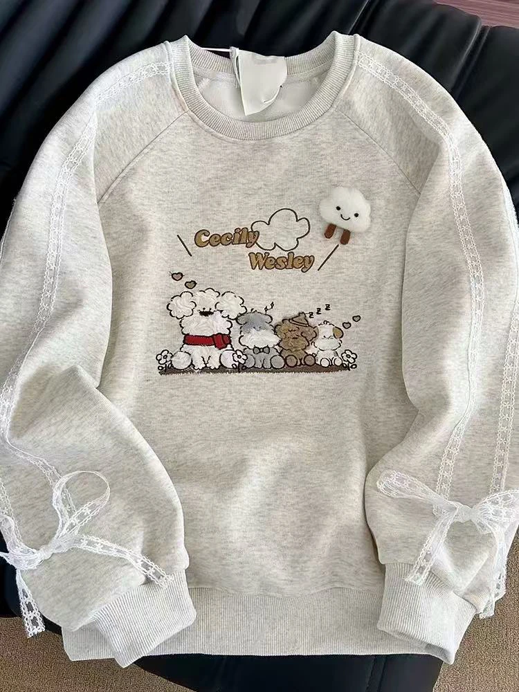 Kawaii Puppy Embroidery Women Hoodie Autumn Thick Loose O Neck Casual Sweatshirts Korean Lace Patchwork Preppy Pullovers Mujer