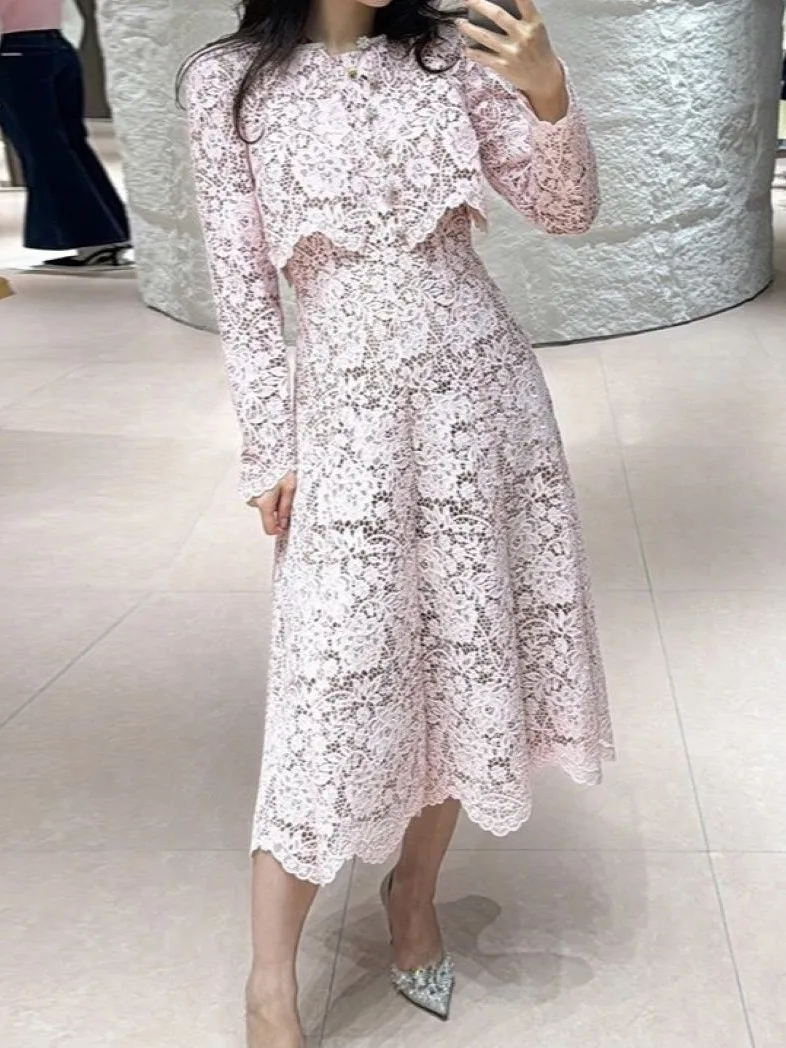 

Pink Lace Embroidery Women's Diamond Trim O-Neck Single Breasted Long Sleeve Jacket or Sleeveless High Waist Maxi Dress