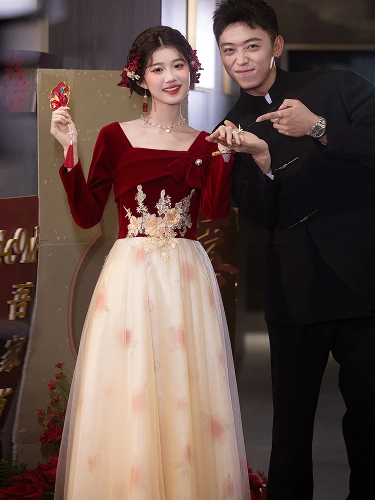 

Red Wedding Dr Sweet Embroidery A-Line Skirt Formal Ceremony Dr Suitable for Engagement Parties Weddings And Daily Wear