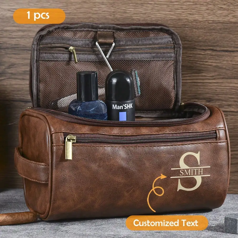Personalized Leather Toiletry Bag Multi-Functional Dopp Kit for Him Her Holiday Gift