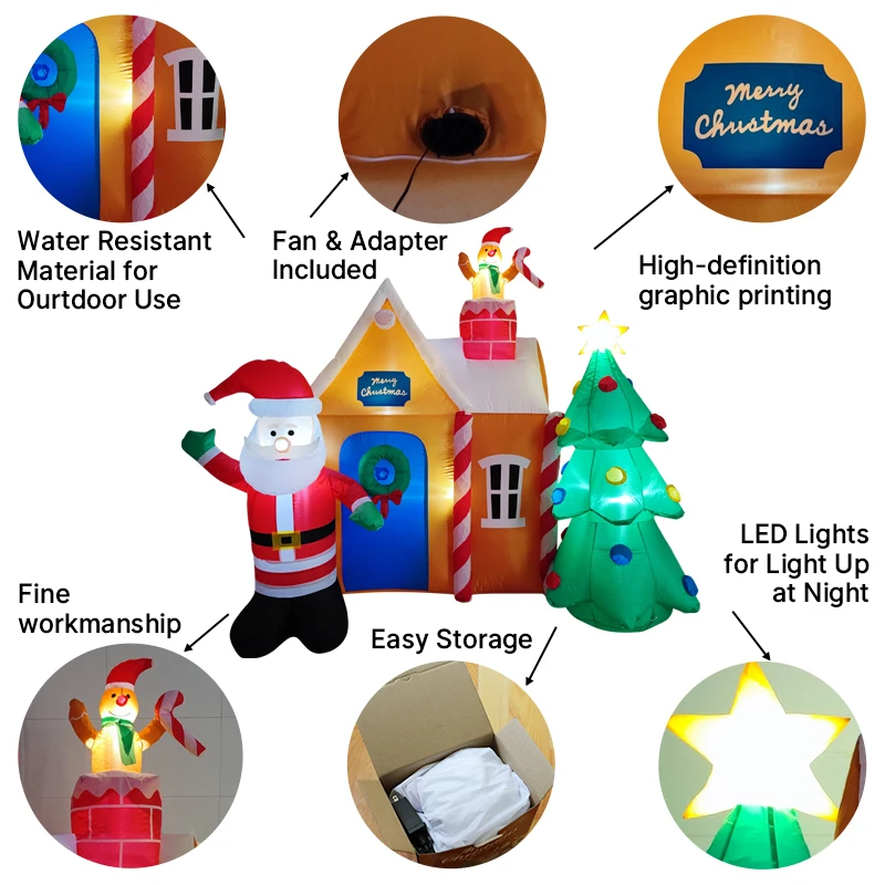 2,3 м/7,5 футов надувной дом Санта-Клауса, елочные огни, светодиодные украшения для дома, игрушки, двор, рождественские праздничные принадлежности, украшения