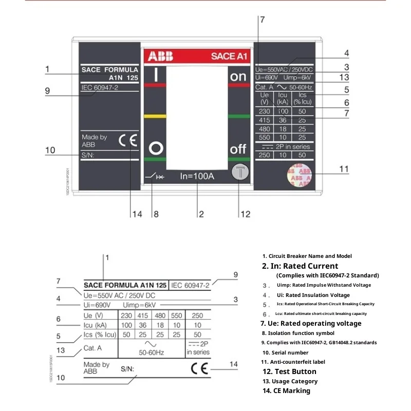 قاطع الدائرة الكهربائية المقولب ABB تركيبة تبديل الهواء A0A 3P/4P قاطع الدائرة المقولب 16A-100A، حامي التسرب ABB