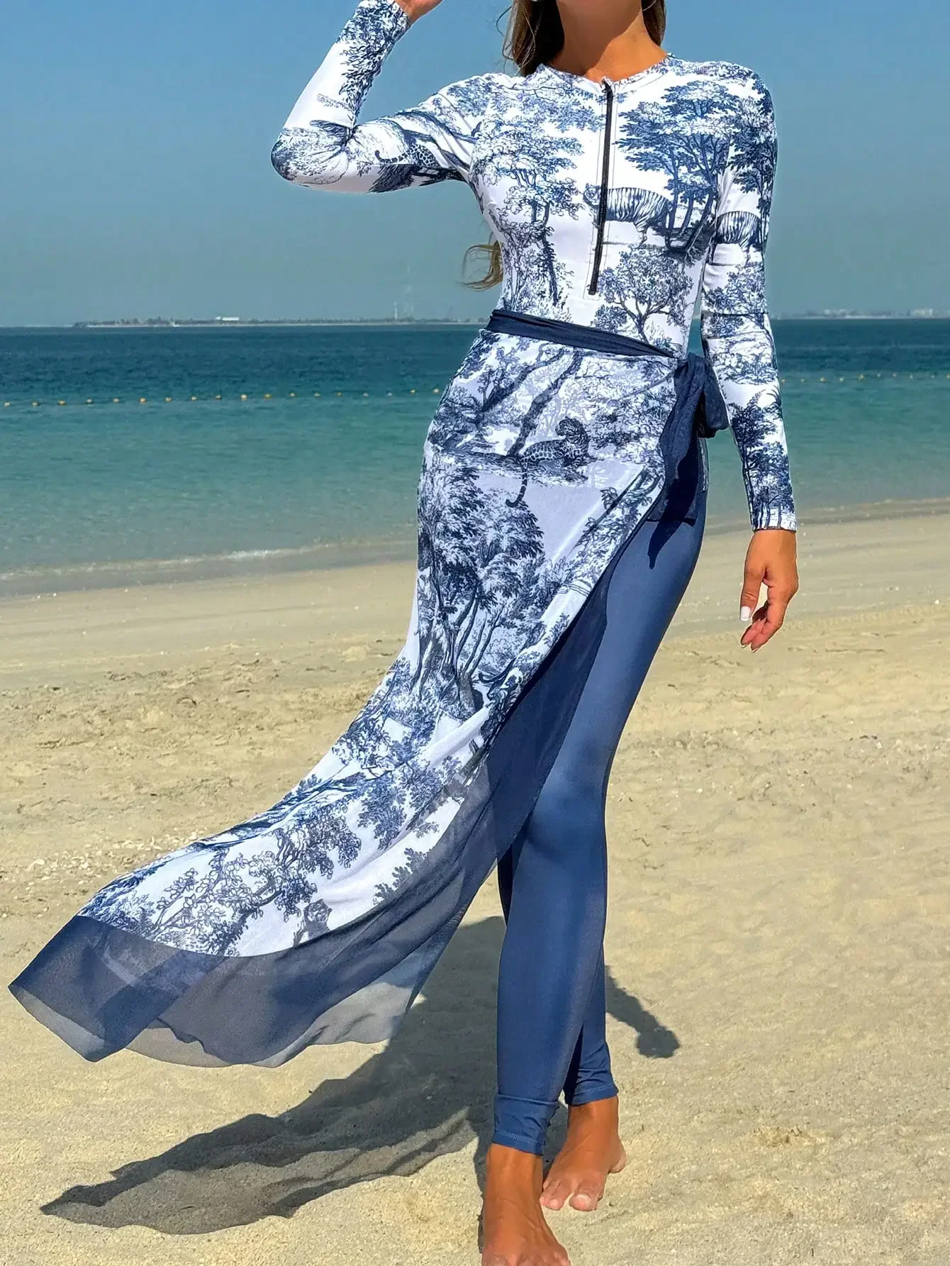 

Womens Blue White Toile Print Long Sleeve Burkini Set With Front Zipper