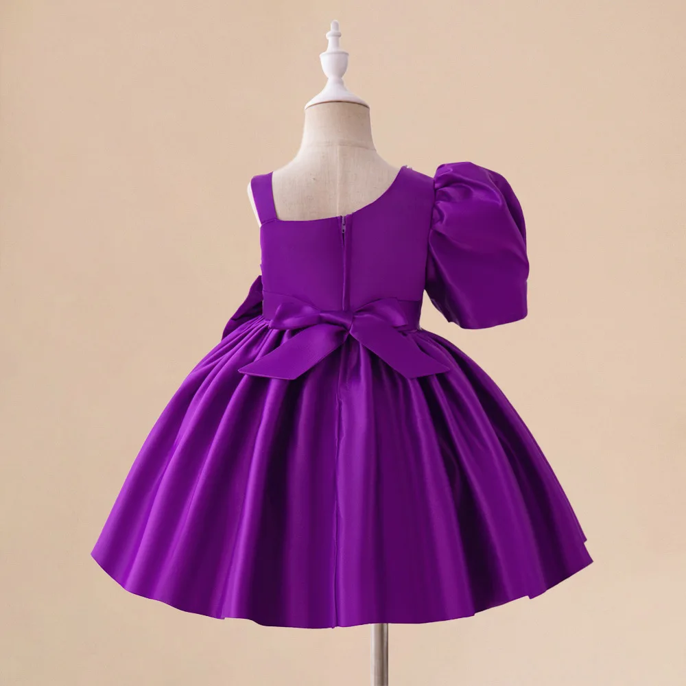 Baby Summer Purple Bow One Shoulder Birthday Party Dress Girls Satin Tulle Infant Shower Dress Pink Total Baptism Dresse