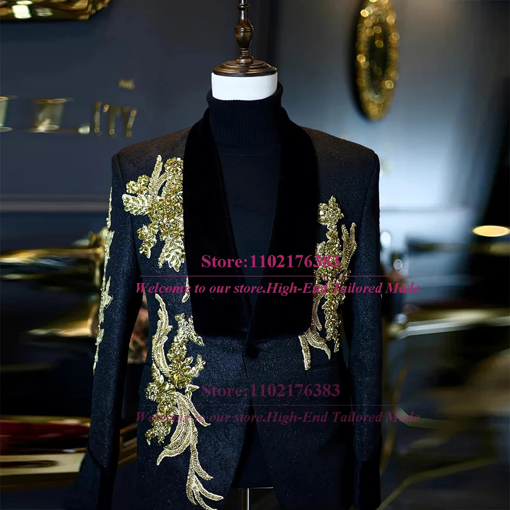 Luxury Men's Suits Tailored 2 Pieces Groom Formal Wedding Tuxedo Gold Appliques Blazer Plus Size Boyfriend Prom Dress Elegant