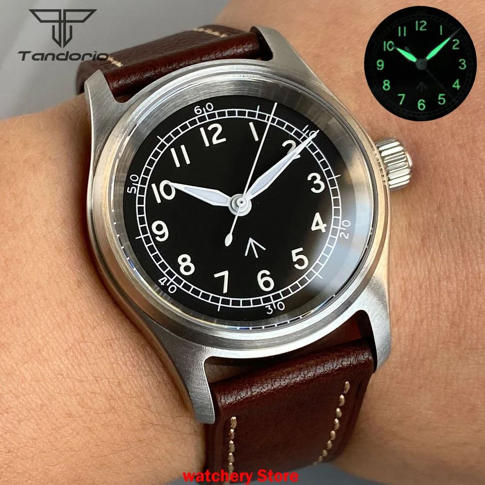 Tandorio 36mm Steel Pilot Watch NH35A Automatic Movt Field Sapphire Glass 20ATM Aviator Men's Mechanical Wristatch Leather Strap