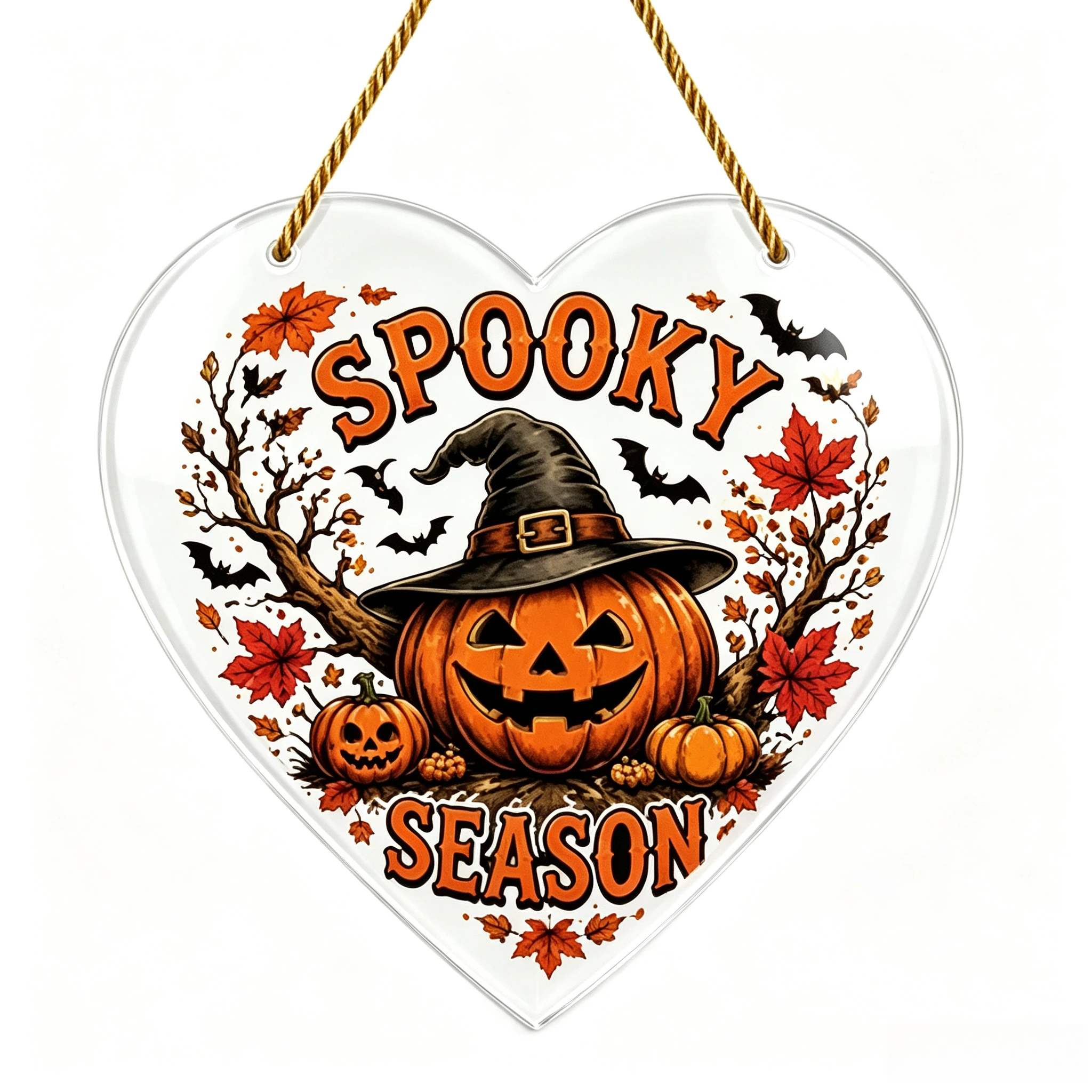 Spooky Season Heart‑Shaped Acrylic Hanging Ornament, Witch Hat Jack‑O‑Lantern Maple Leaf Bat Halloween Wall Decor