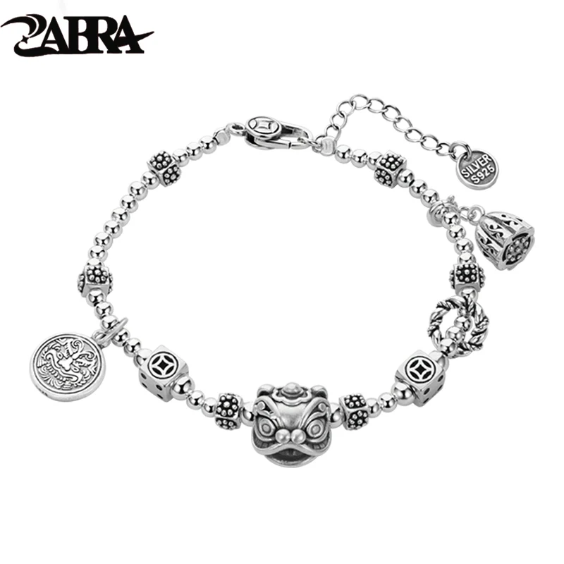 

ZABRA 999 Sterling Silver Lion Rising Bracelet for Men and Women Vintage The Year of The Loong Silver Beads Handstring Gift