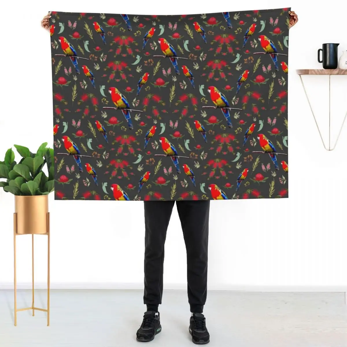 Australiana Rosella Garden - charcoal grey Throw Blanket Weighted Plush Bed Bed linens Travel Blankets