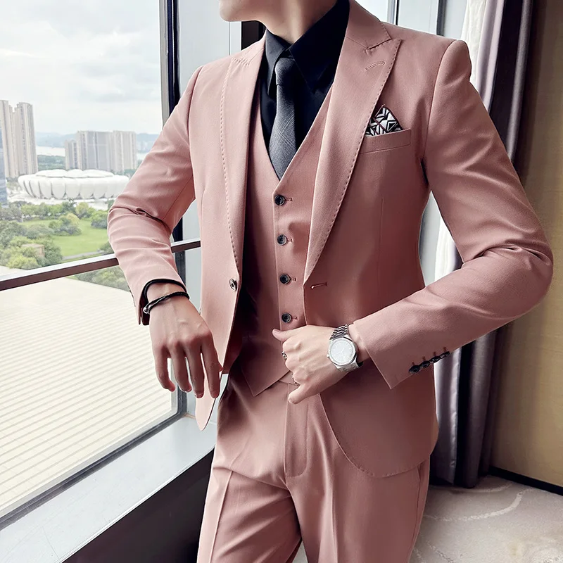 (Jackets+Vest+Pants)Men Pink Suits/Men Spring High Quality Groom\'s Wedding Dress/Male Slim Fit Fashion Casual Tuxedo Men Blazers