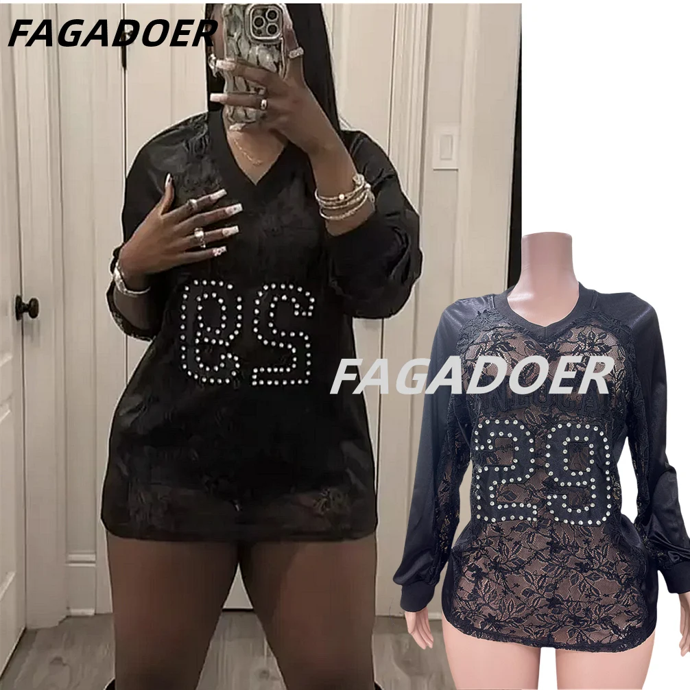 FAGADOER Sexy Loose Tshirt Women Long Sleeve See Through Lace Embroidery Patchwork T-shirt Hot Girl Streetwear Clothing 2025 New