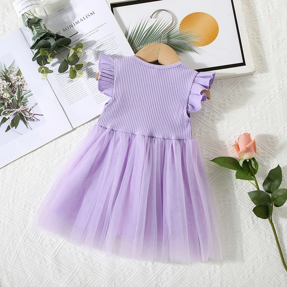 Summer 0-3-Year-Old Girl Dress Baby Girl Waist Flower Embroidery Splicing Mesh Small Flying Sleeve Princess Dress