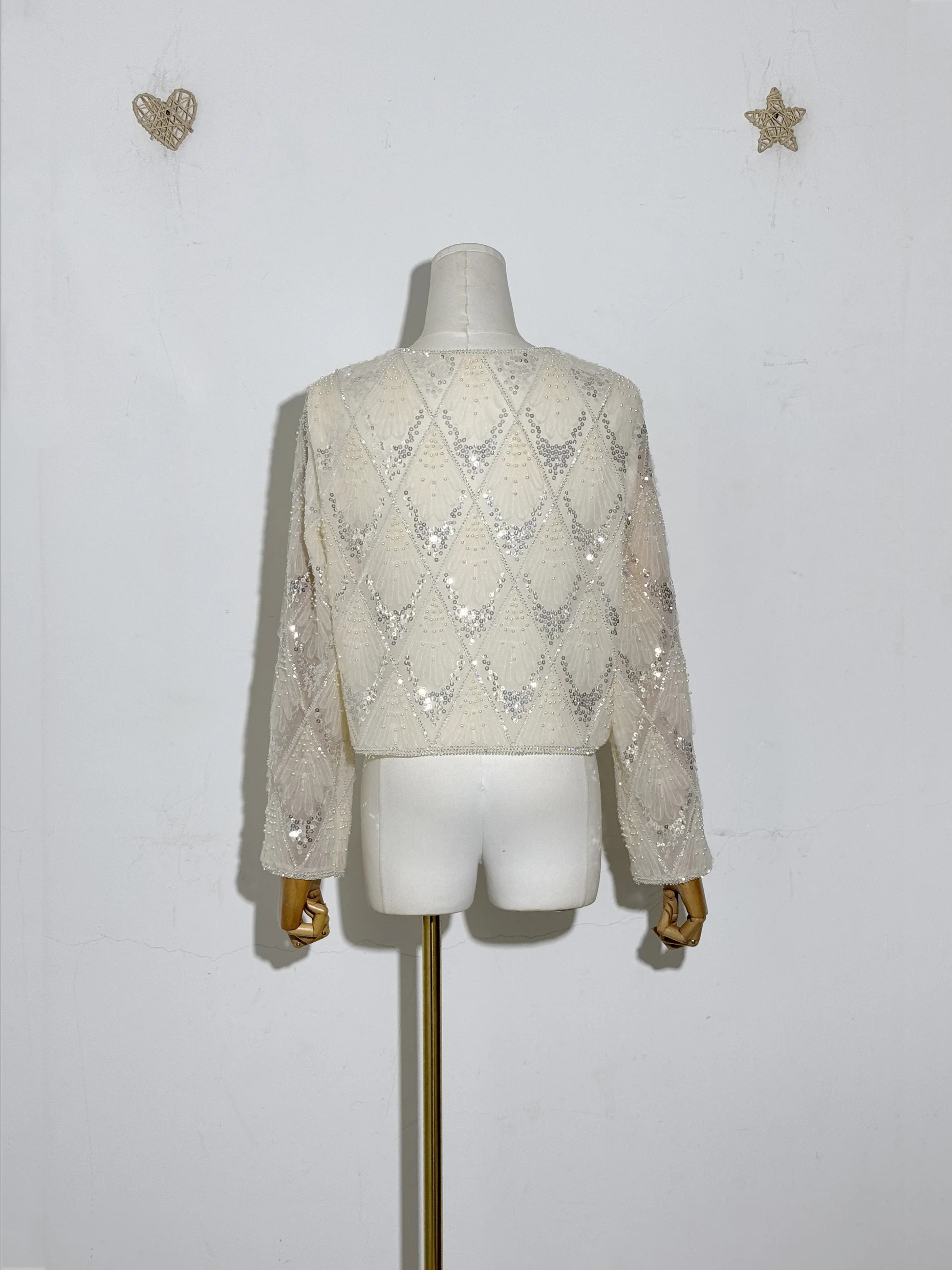 새로운 무거운 자수 유럽 및 미국 패션 여성 스팽글 진주 페르시 오-넥 긴 소매 메쉬 카디건 블라우스 탑 코트 자켓