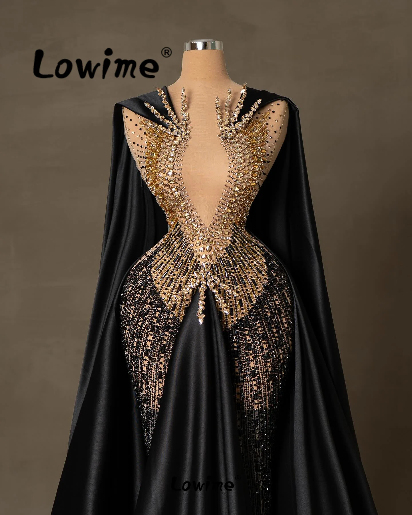 Abendkleider Black Celebrity Dresses 2024 Haute Couture Cape Sleeve Full Crystals For Party Mermaid Evening Dress Robe De Soirée