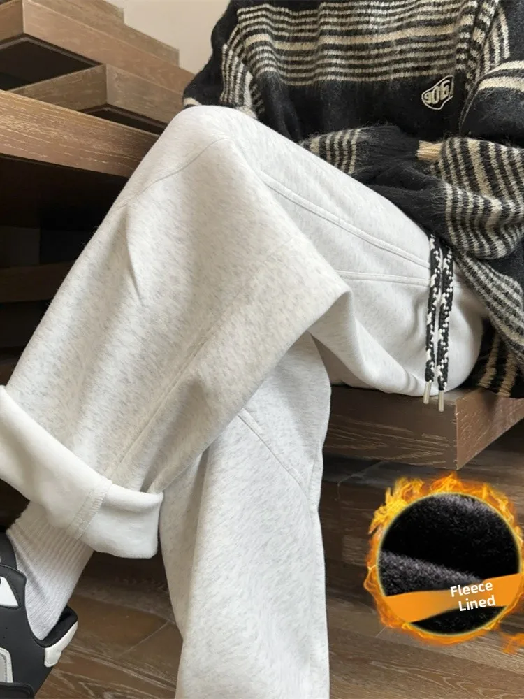 

Men's Winter Thiened Fce Lined Loose Straight Leg Pants Casual Trousers Women's Sport Sweatpants American Trendy Brand