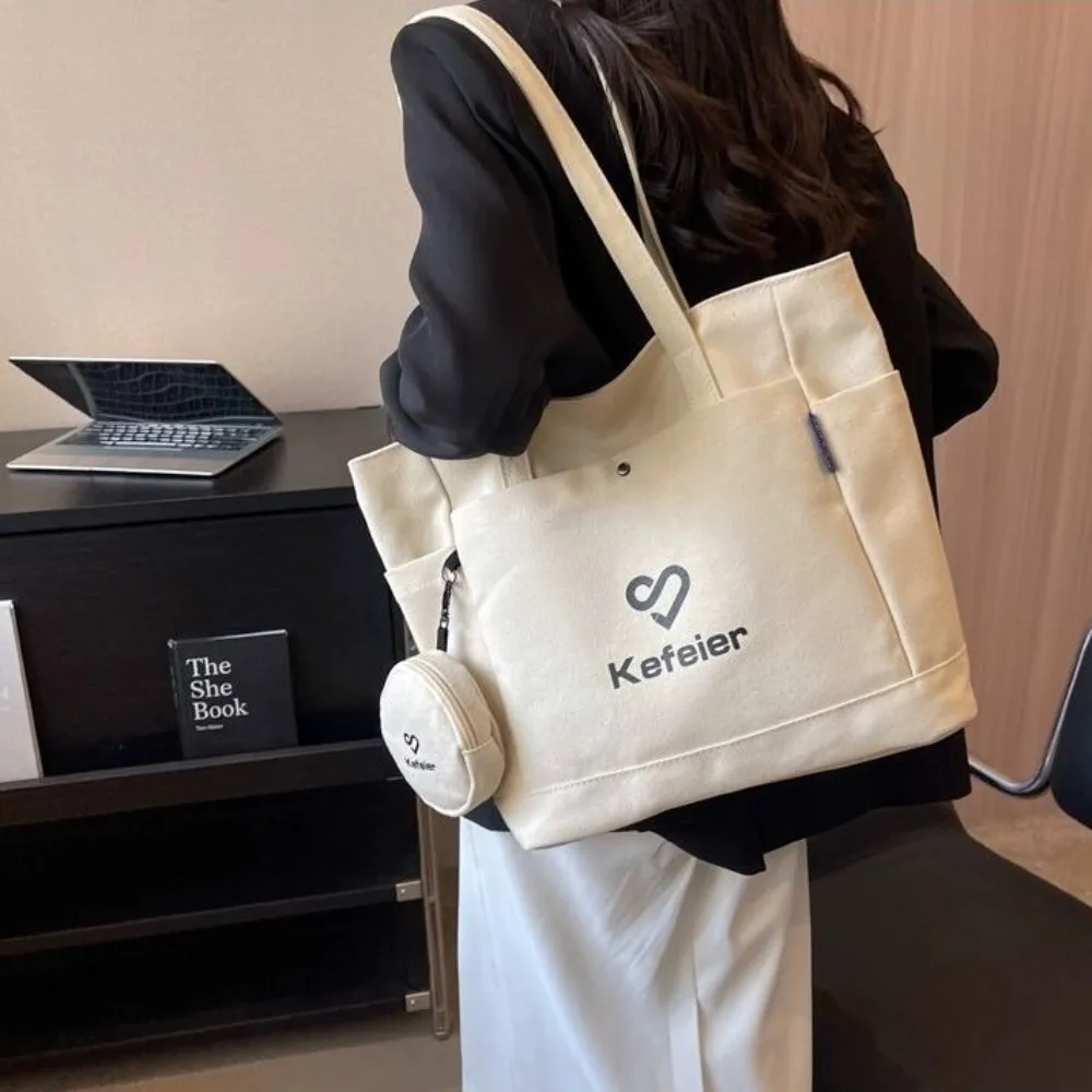 

Korean Style Canvas Underarm Tote Bag Large Capacity Versatile Women's Shoulder Bag Solid Color with Small Wallet