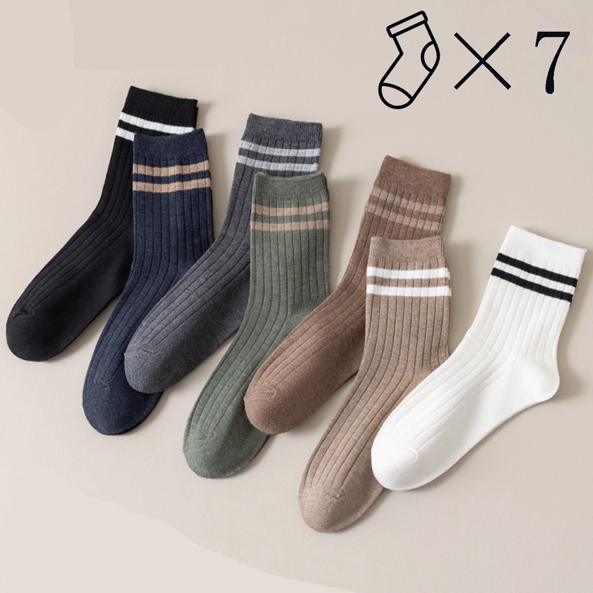 7 Pairs Men\'s Crew Socks, Striped, Simple, Comfortable, Breathable, Moisture-Wicking, Preppy and Casual Style, Classic