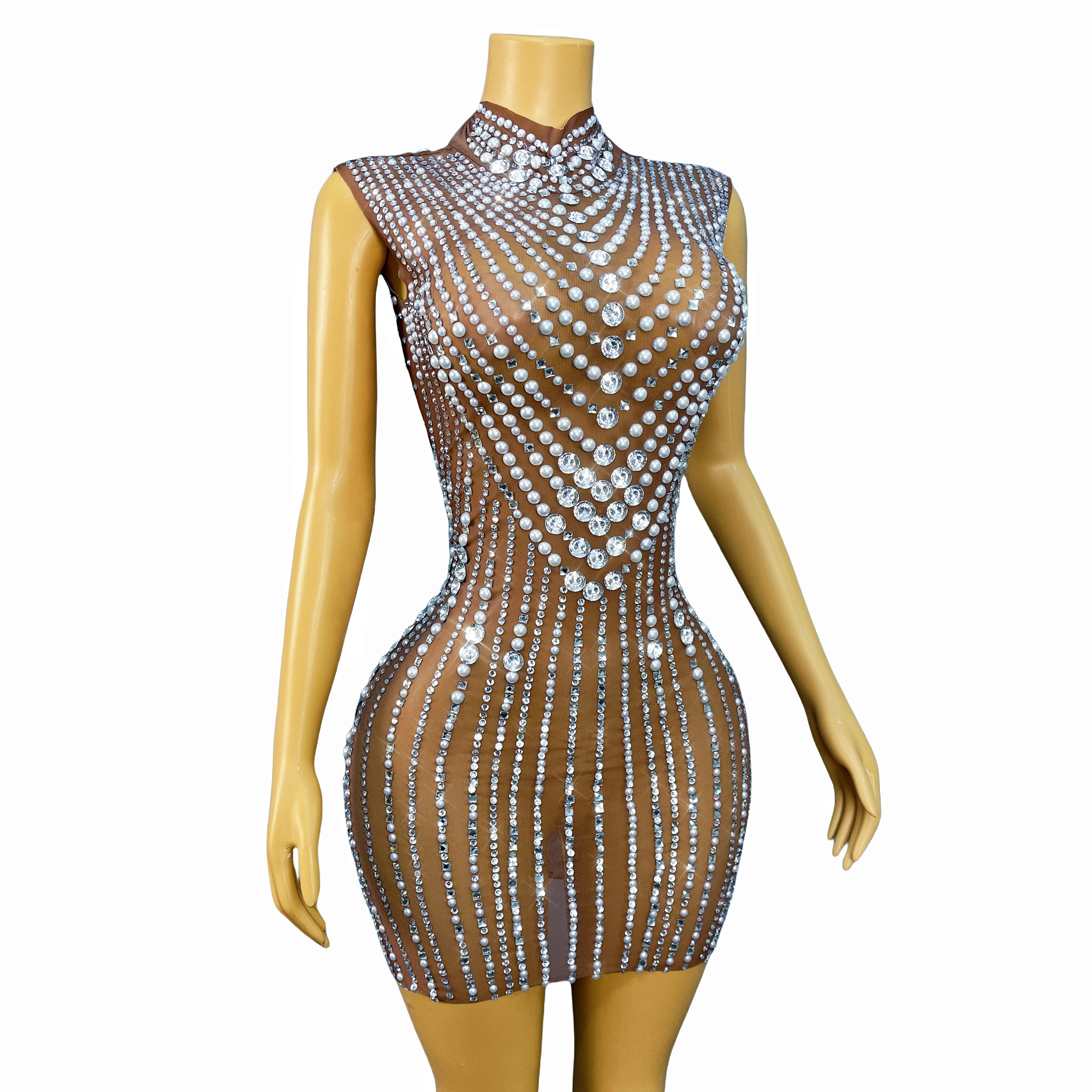 Nobleness Glänzende Perlen Strass Sexy Nude Mesh Trim fit Kleid Cocktail Party Abend Outfit Modenschau Kostüm Zhenzhuwang