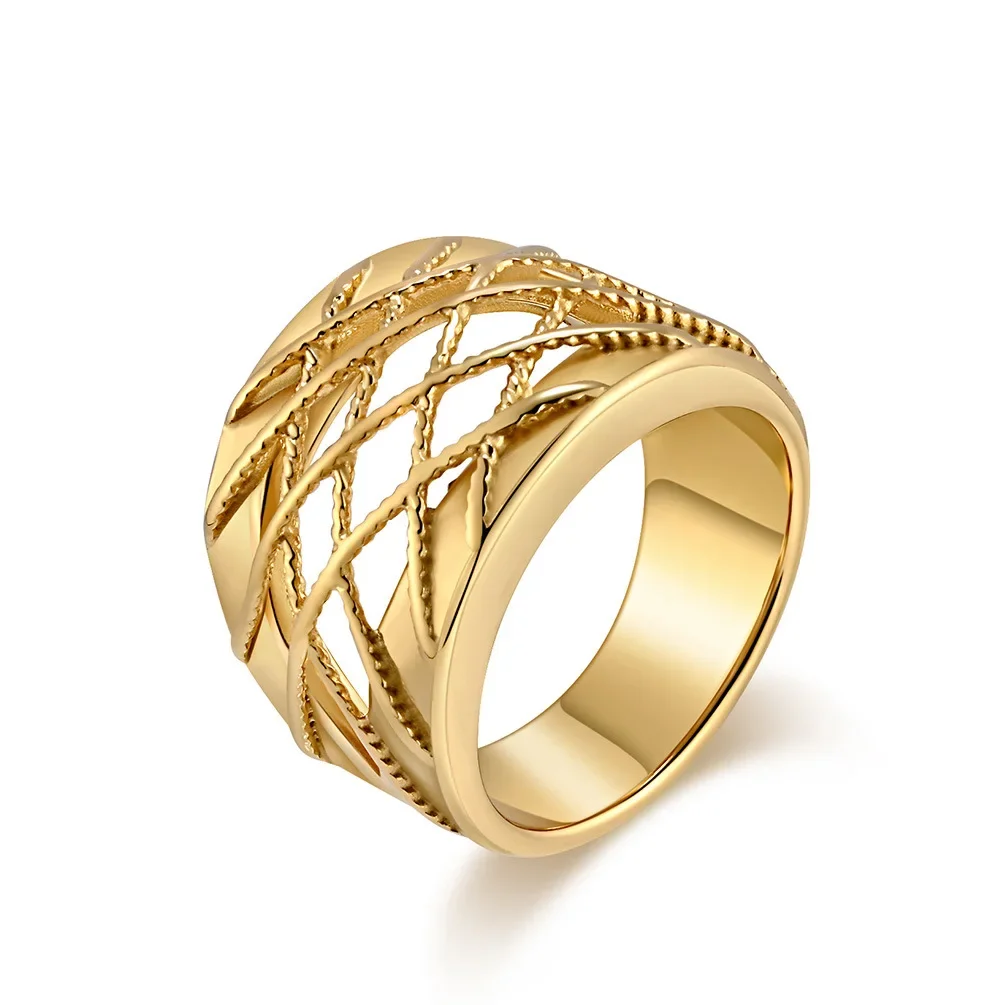 Female Trendy Gold Plated Stainless Steel Hollow Out Large Ring for Women