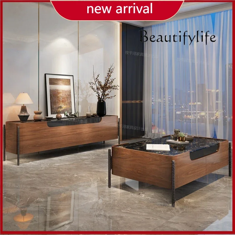

BJ Combination Villa Living Room Design Marble Surface Coffee Table French Retro Solid Wood Coffee Table TV Cabinet