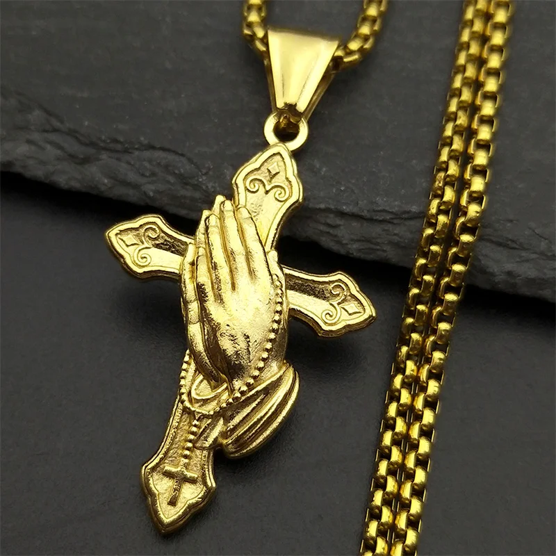 Stainless Steel Jesus Christian Praying Hands Cross Pendant Necklace for Men Women Gold Color Chain Necklaces Jewelry Gift