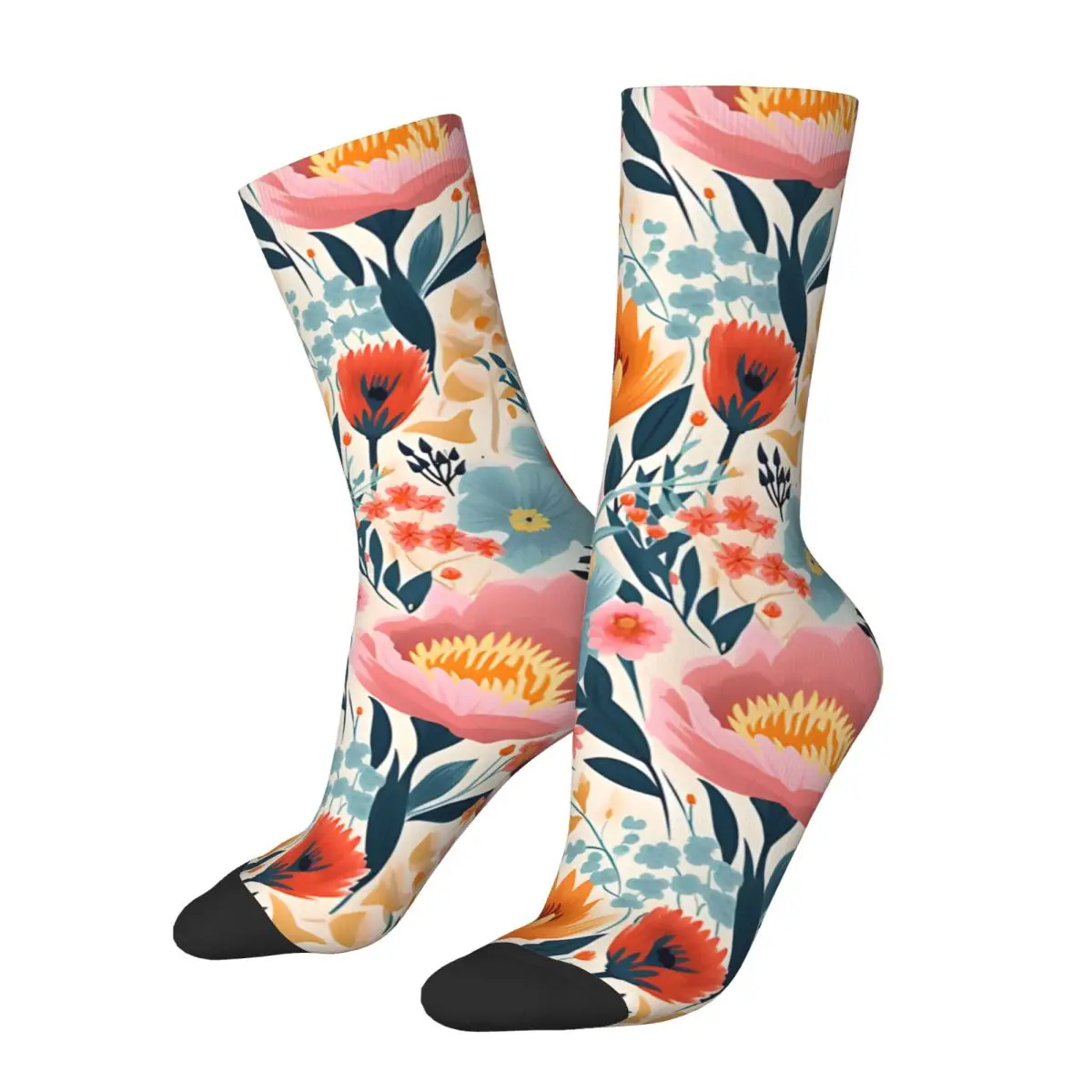 TIKI Colorful Flowers Peonies,Orchids,Daisy,Tulip And More Men's Socks Street Style Novelty Casual Crew Crazy Sock Gift Printed