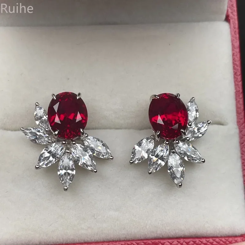 

Ruihe New Arrival 925 Silver A Pair of 7.52ct Lab Grown Ruby with Zirconia Earrings Jewelry for Women Party Gifts Stud Earrings