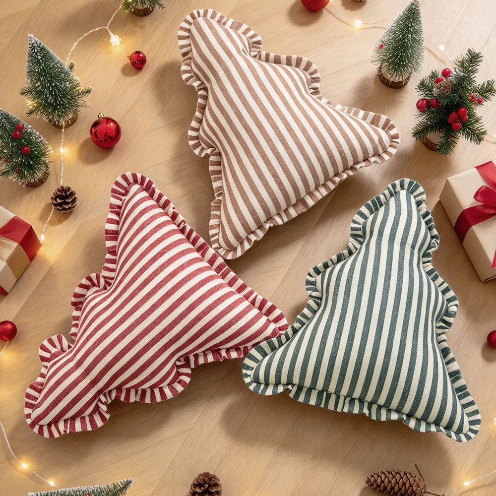 BUYNOW Christmas Tree Cushion Throw Pillow with Lace Trim Filled Festive Home Decor for Sofa Bed Holiday Gift Xmas Decoration