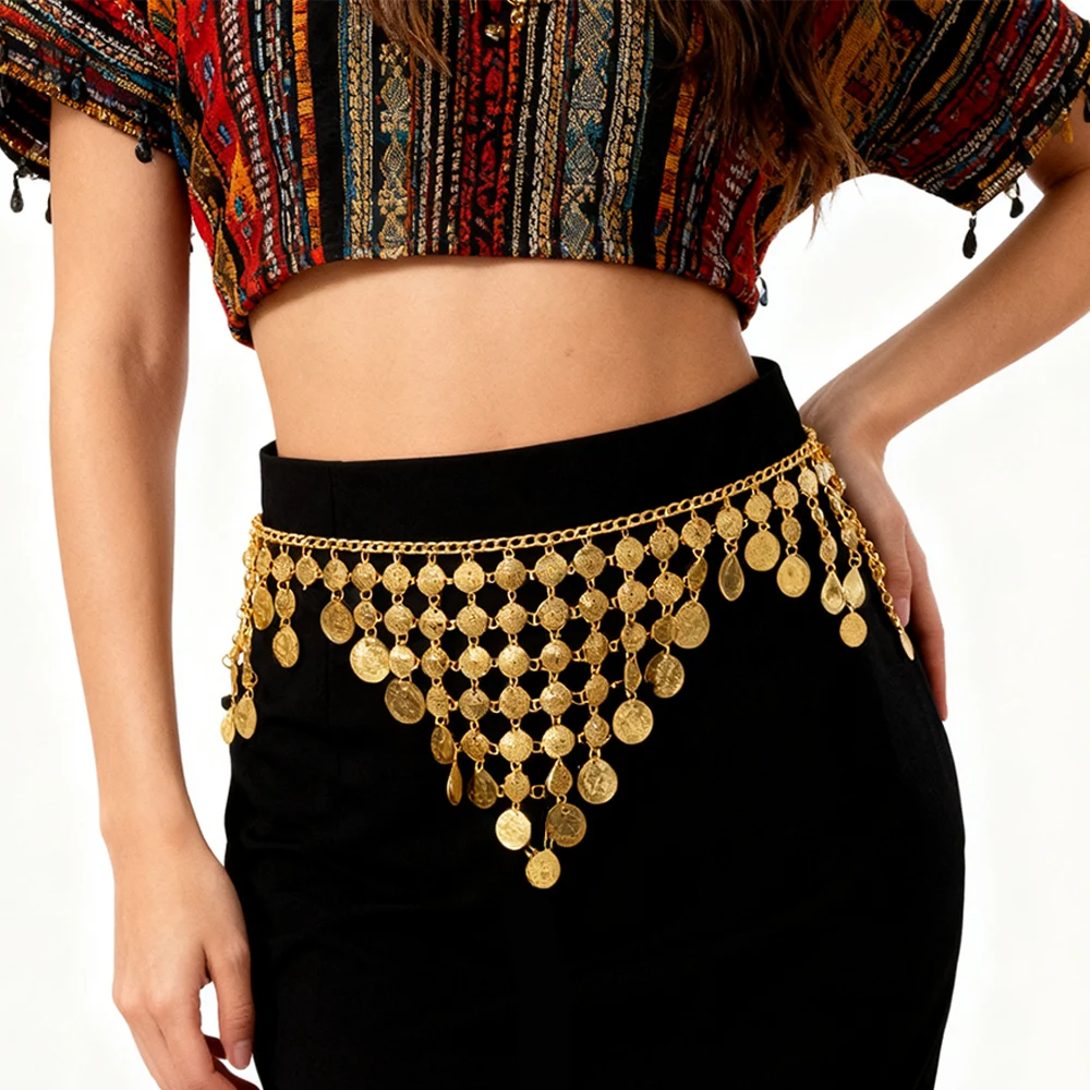 

Trendy Luxury Gold Coin Pendant Waist Chain For Women Heavy Long Belt Dress Body Belly Triangle Ethnic Tribal Kurdish Accessory