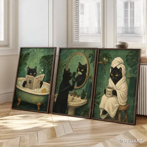 1 & 3 PCS Set Funny Black Cat Bathroom Canvas Wall Art Poster Print Vintage Humor Animal Toilet Decor Unframed
