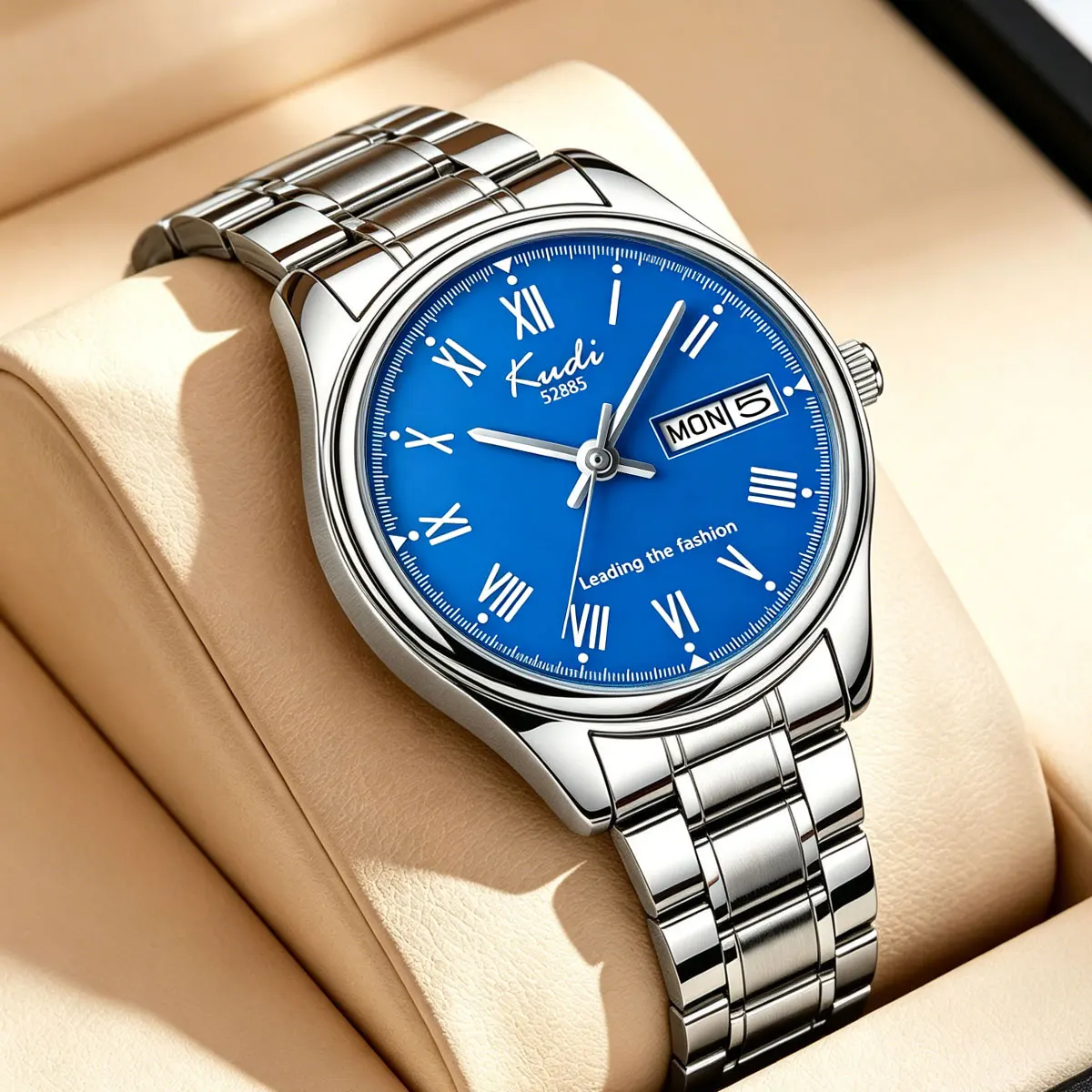 Business Men's Quartz Watch Roman Numeral Calendar Dual Display Luxury Stainless Steel Band Elegant Timepiece for Gentlemen