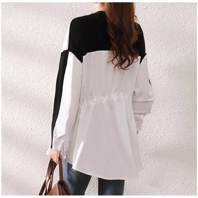 Spring 2024 New Commute Women\'s Color-blocked V-neck Drawstring Spliced Pocket Button Long Sleeved Shirts Cardigan Knitted Tops