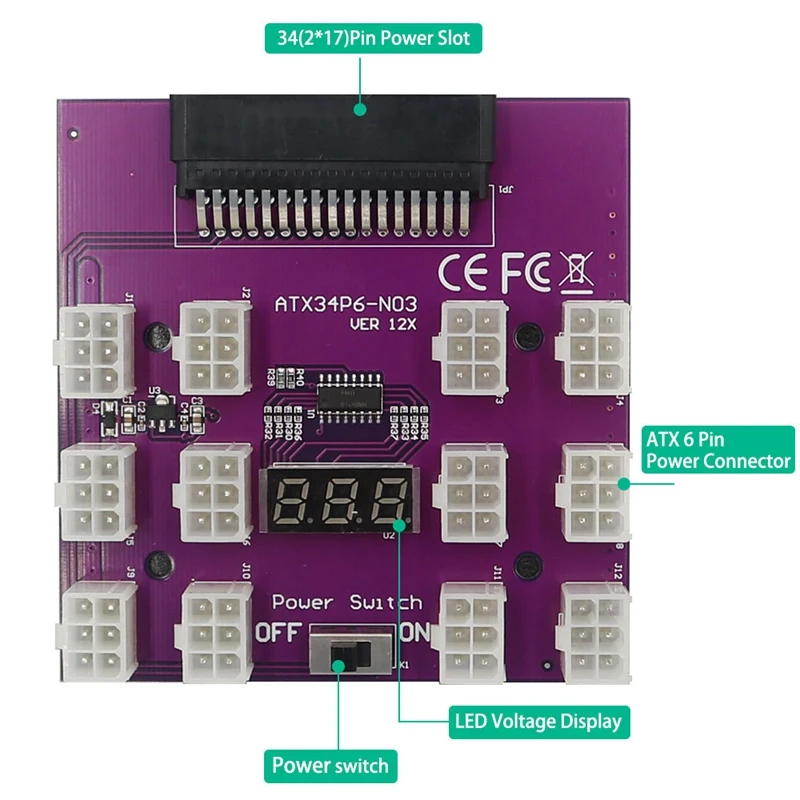 Papan Breakout catu daya versi ditingkatkan dengan 12 buah konektor daya ATX 6Pin untuk Emerson 7001484 untuk penambangan ETH/BTC