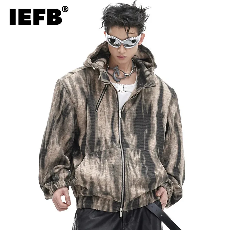 IEFB Men\'s Hooded Sweatshirt New Trendy Contrast Color Worn Out Male Hoodies Retro Chic Metal Zipper Design Jacket 9C4318