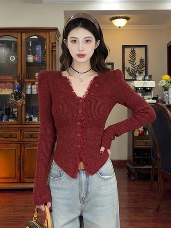 

Red Lace Splicing Knitted Sweater Women's Spring New Sle Ultra Slimming Faionable Long Sve V-Ne Breathable Casual Top