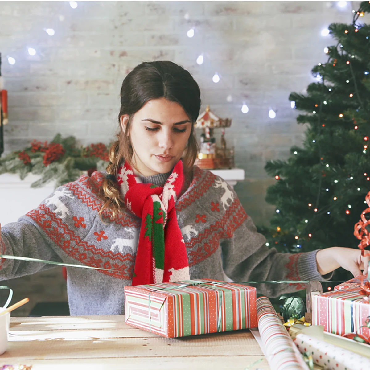 

1Pc Stylish Christmas Printed Scarf Warm Acrylic Fibers Knitted Shawl For Girls Women Christmas Decor Scarf