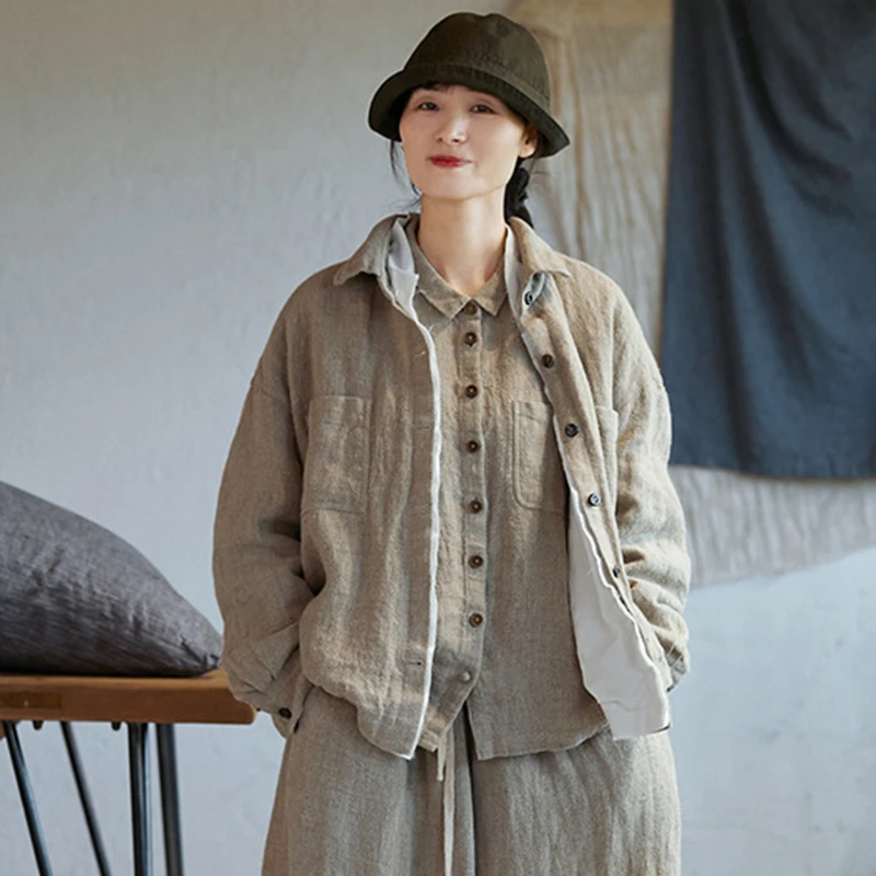 

Весна 2025 года, винтажный стиль, однотонные свободные женские повседневные топы, рубашки M1268, 100% льняная женская рубашка с длинным рукавом, Новое поступление