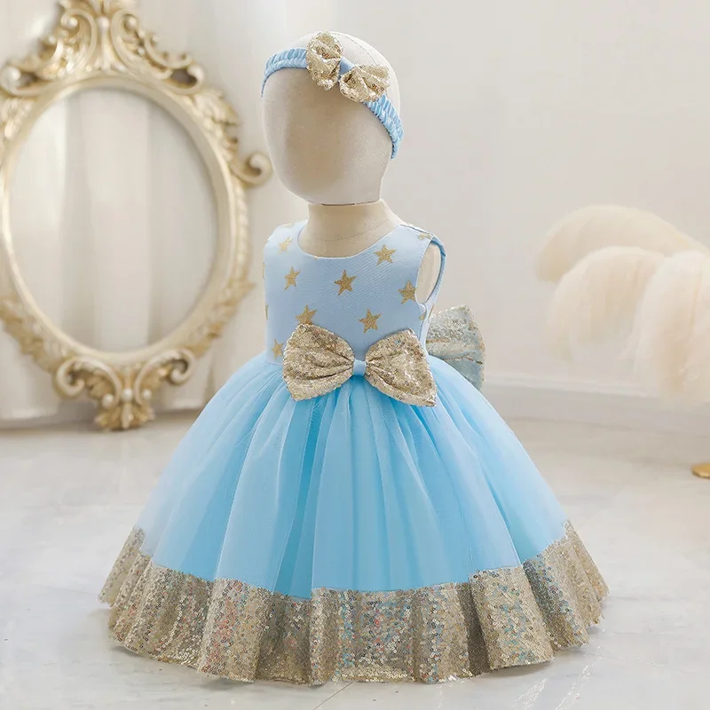 Golden Sequines Infant Dress Gown Star Prints Super Bow Princess Dresses For Girls Newborn Babies Clothes 0 to 12 Months 3 4 5Y