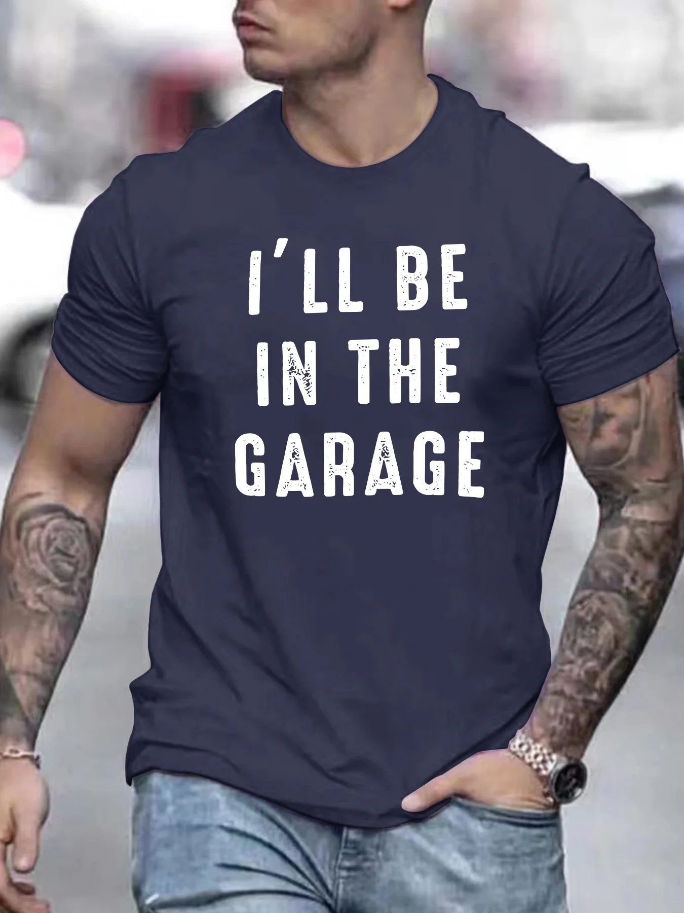 Men's Summer 100% Cotton Fashionable Loose Casual I'll Be In The GARAGE Printed Round Neck Short Sleeve T-shirt