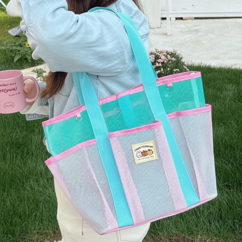 

Cute Nylon Mesh Beach Bag Dry Wet Gauze Swimming Bag Hollow Out Large Capacity Toiletry Storage Bag Men