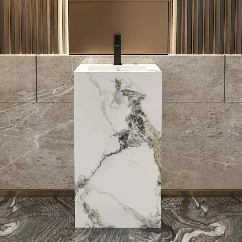 z Hot Sale Floor Mounted Freestanding One Piece Modern Sintered Slate Hand Wash Pedestal Wash Basin With Storage Layer