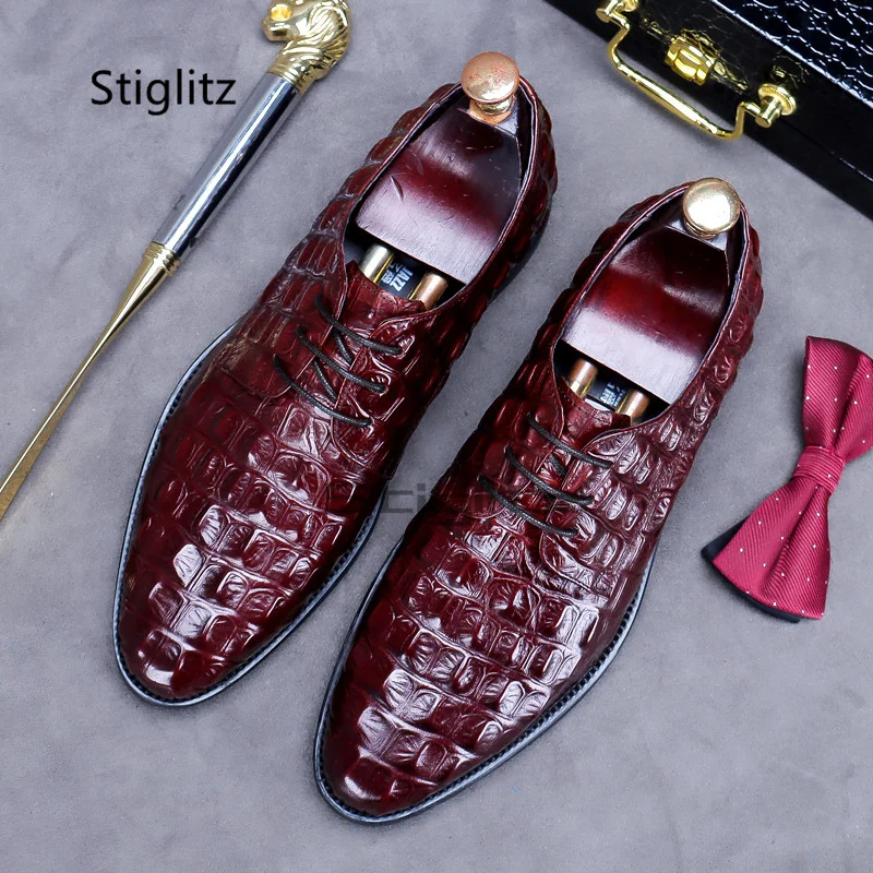 

Embossed Crocodile Leather Lace Up Men's Shoes Oxfords Round Toe Shallow Genuine Leather Loafers Casual Business Formal Shoes