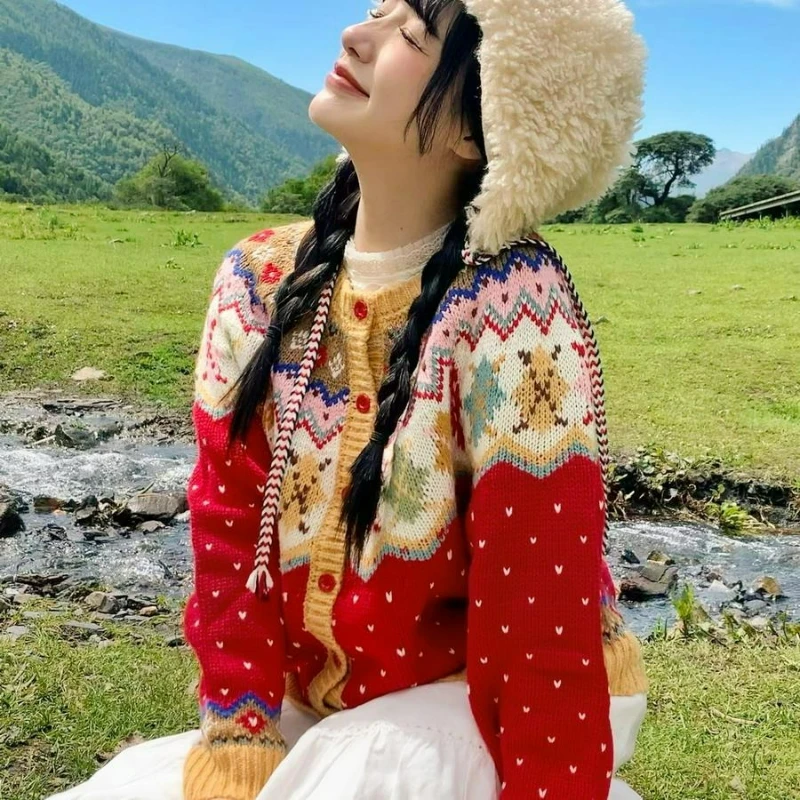 Kerst Jacquard Ontwerp Single-breasted Trui voor Vrouwen 2026 Herfst/winter Nieuwe Stijl Modieuze Losse Gebreide Top voor Vrouwen