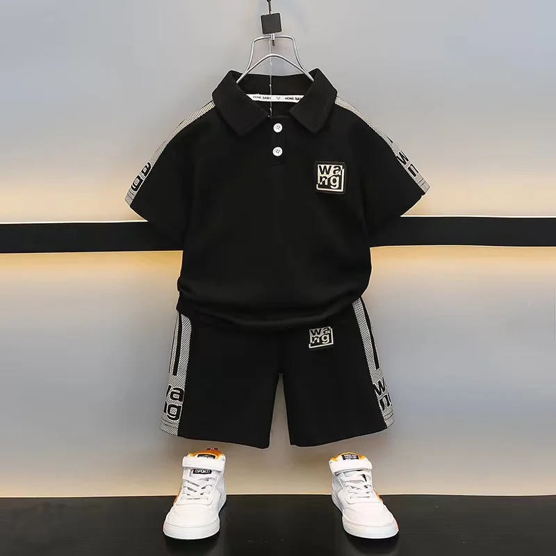 New Summer Baby Boys Half Zipper Short Sleeve Laple T-Shirt Tops+Shorts 2Piece Boutique Golf Sport Outfits Children Fashion Suit