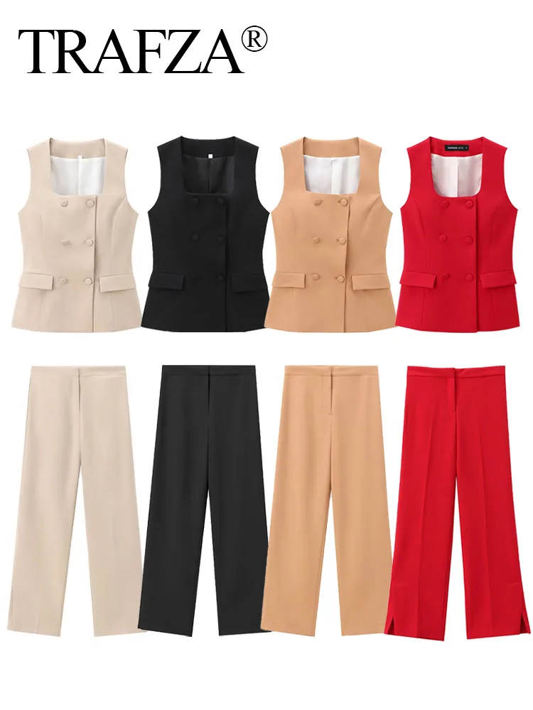 TRAFZA Summer Female Solid Trousers Set Square Collar Double Breasted Vest Top + High Waist Commute Woman Wide Leg Long Pant