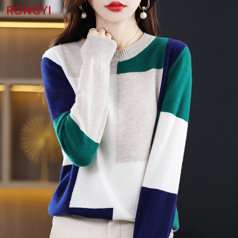 RONGYI 100% Merino Wool Women\'s O-Neck Colorblock Autumn Winter Pullover Cashmere Warm Long Sleeve High Quality Top JS022