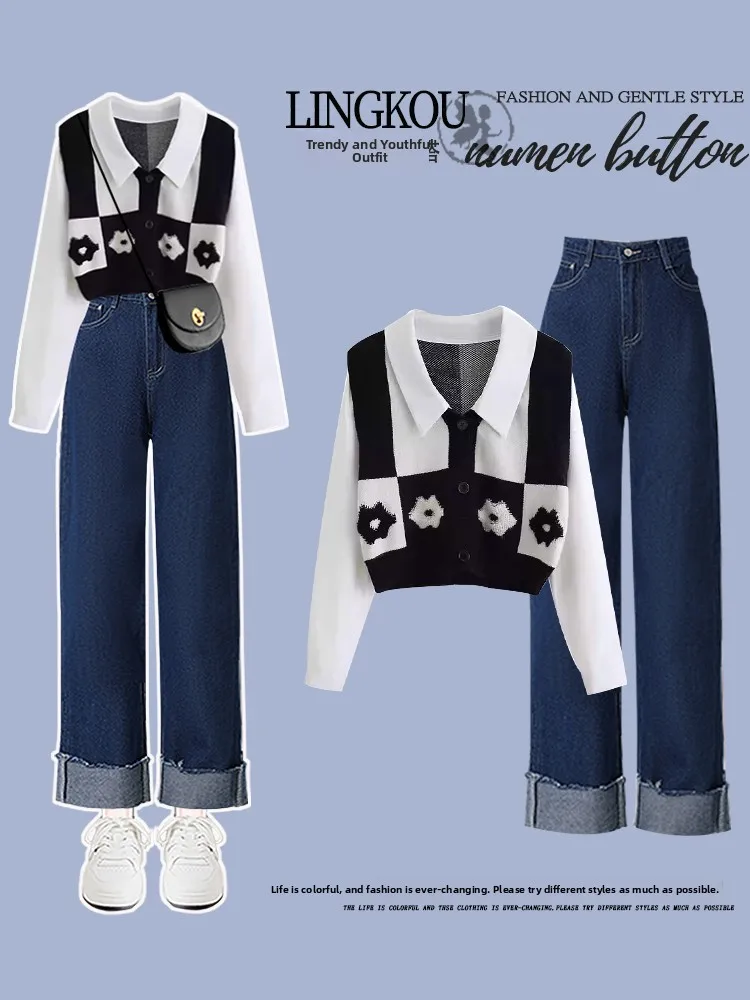 Set Sve Panjang Faionable Sweter Dua Potong Palsu Retro Sle Baru Awal Musim Gugur dengan Jeans Manset Pelangsing Ensemble Wanita