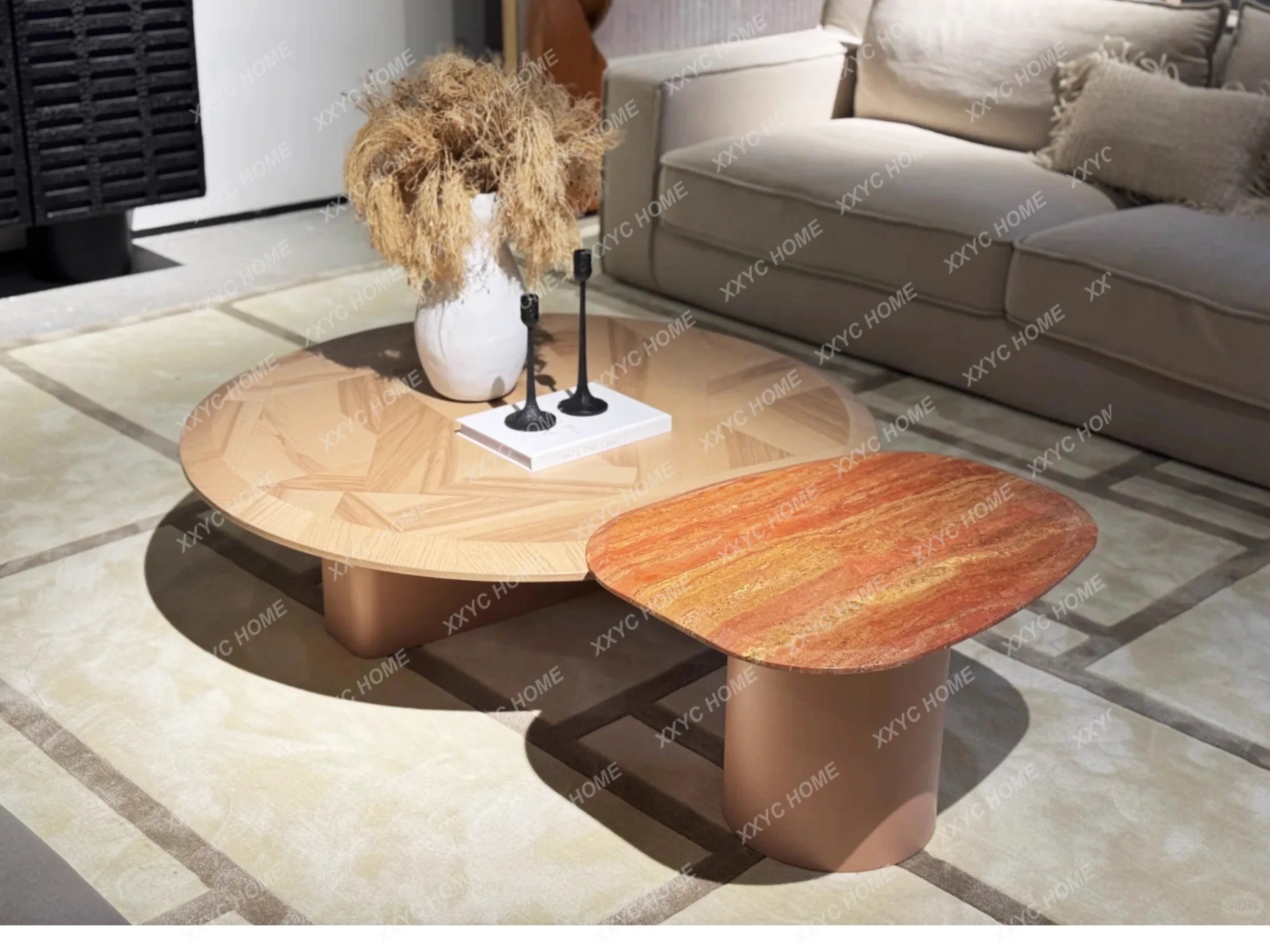 X-S Large and small apartment medium-ancient style solid wood simple natural marble coffee table HG