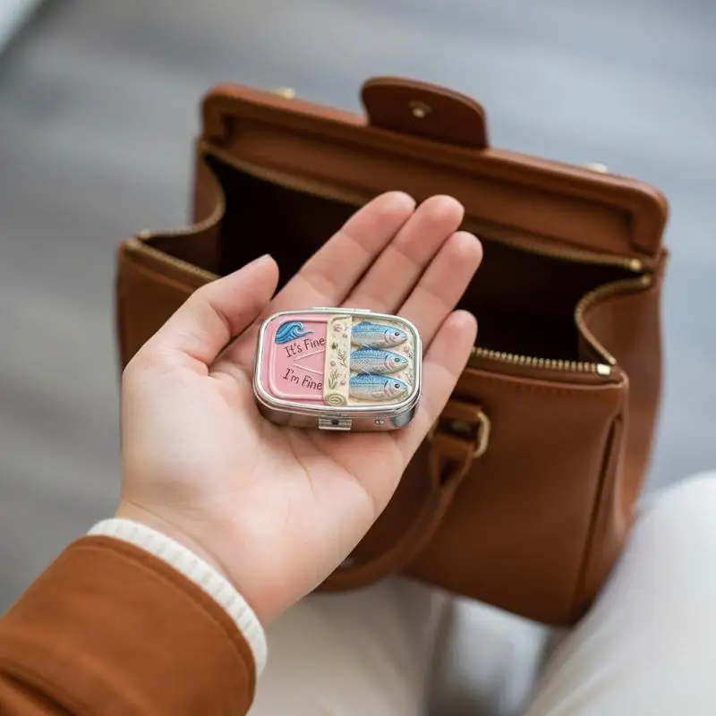 2 Compartments Metal Pill Box, It's Fine I'm Fine Sardine Print Portable Pocket Pill Case, Mini Travel Medicine Storage Contain